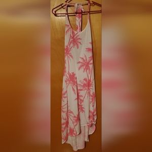 White and pink halter dress with palm trees, size m